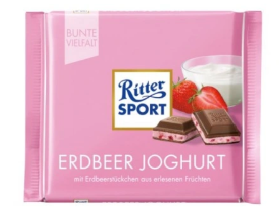 CZEKOLADA MLECZNA Z NADZIENIEM JOGURTOWO-TRUSKAWKOWYM, MILK CHOCOLATE WITH STRAWBERRY YOGURT FILLING,RITTER SPORT