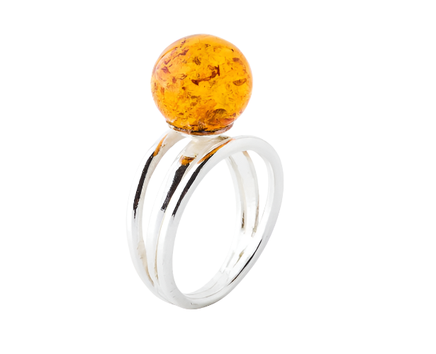 Elegant silver ring with cherry amber, ball 12 mm