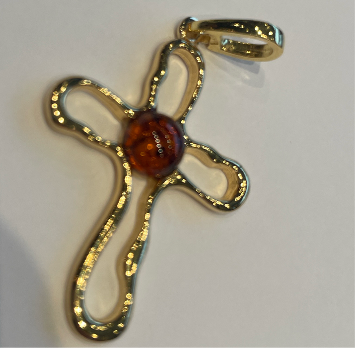 Gold plated silver and amber cross in cognac color