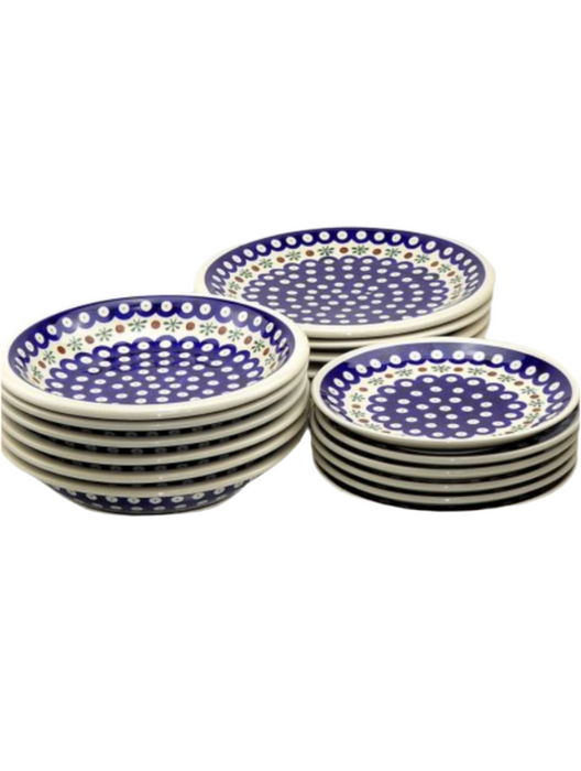 Bolesławiec pottery, ZESTAW OBIADOWY,DINNERWARE SET, 18 PIECES,ZF104,NAVY BLUE PLUS,GRANATOWA PLUS