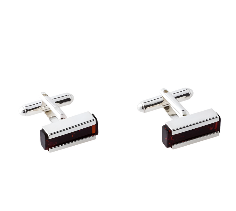 Cherry amber cufflinks in silver rectangle