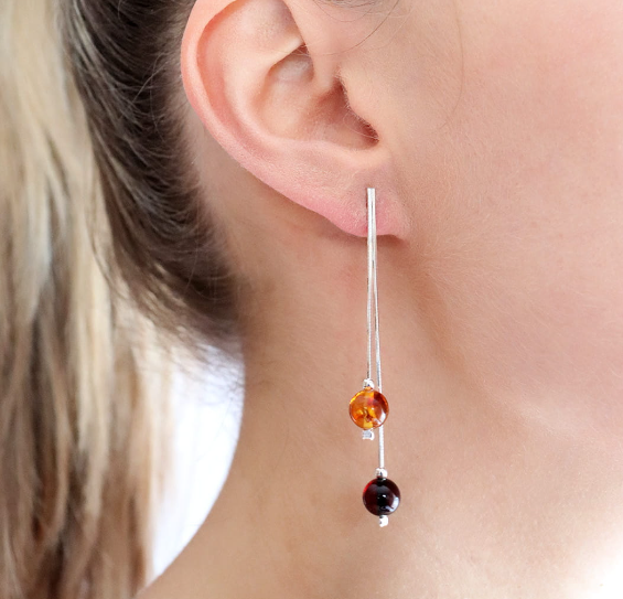 Classic hanging 925 silver earrings with Baltic amber balls 8 mm