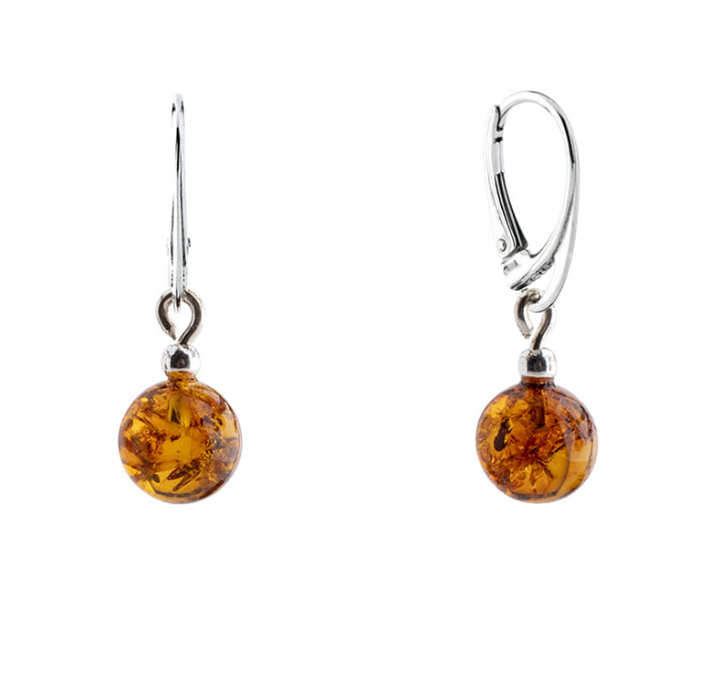 Classic hanging 925 silver earrings with cognac Baltic amber ball 10 mm