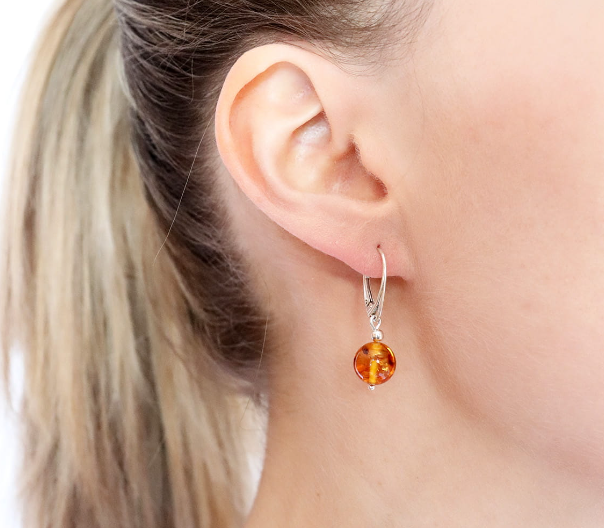 Classic hanging 925 silver earrings with cognac Baltic amber ball 10 mm