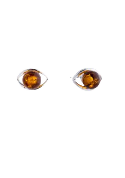 Mysterious stud silver earrings "Eye of Ra" with Baltic amber