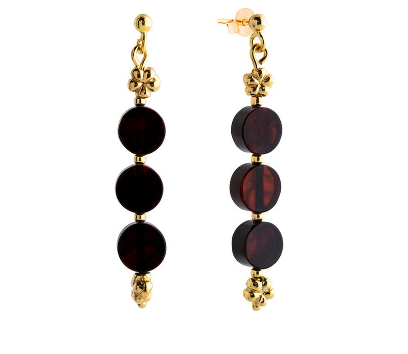 Dark Baltic amber and gold-plated 925 silver hanging earrings