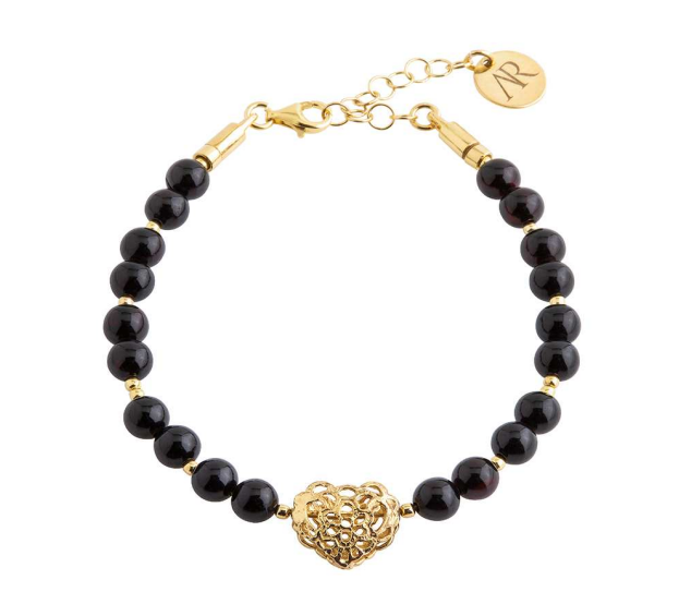 Delicate bracelet in a black shade of cherry amber with gold-plated 925 silver heart