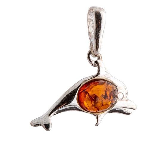 Dolphin amber and silver pendant