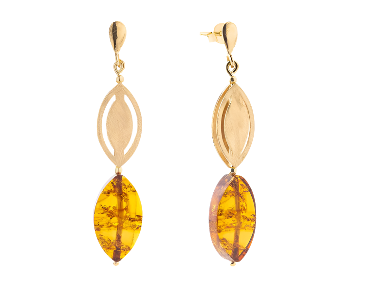 Elegant hanging Baltic amber earrings with brushed gold-plated silver