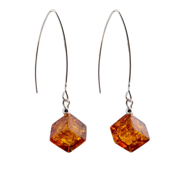 Elegant hanging 925 silver earrings with cognac cube Baltic amber 10 mm