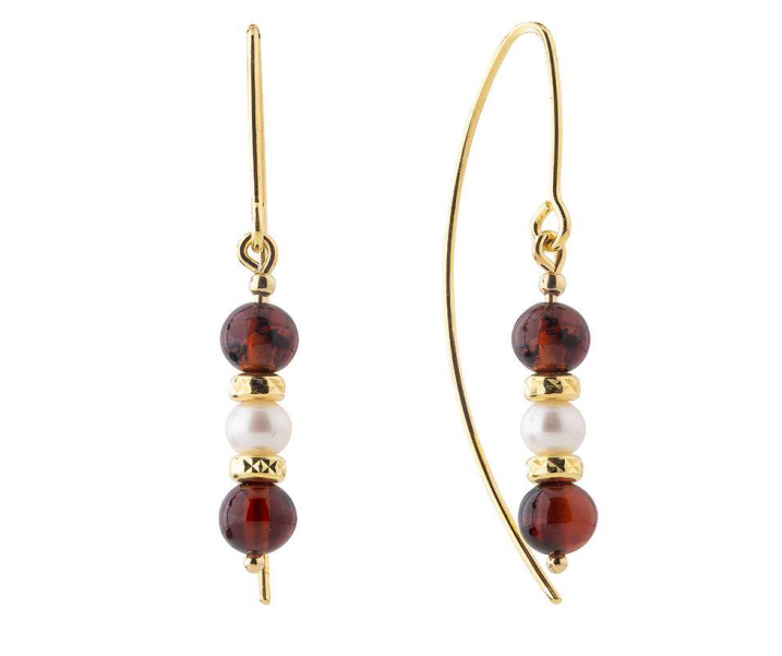 Gold plated 925 silver hanging earrings with a pearl and double cherry Baltic amber