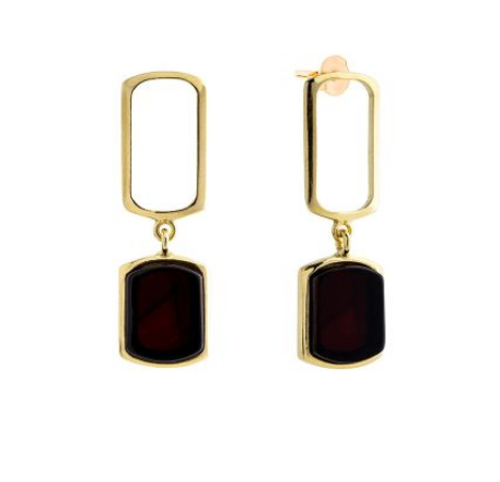 Hanging gold plated 925 silver earrings with beautiful cherry/black Baltic amber