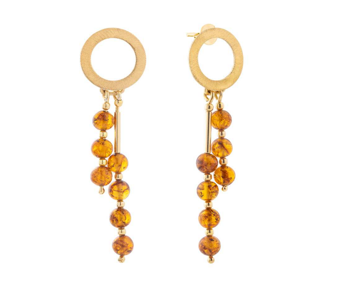 Hanging gold plated 925 silver earrings with cognac Baltic amber