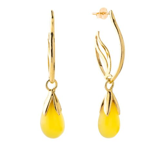 Hanging gold plated 925 silver earrings with milky Baltic amber