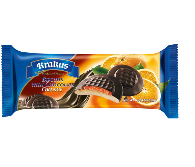 Krakus biszkopty z galaretka pomaranczowa, Biscuits with orange filling in chocolate