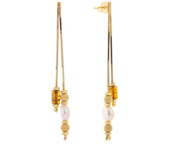 Long hanging gold plated 925 silver earrings with pearls and cognac Baltic amber