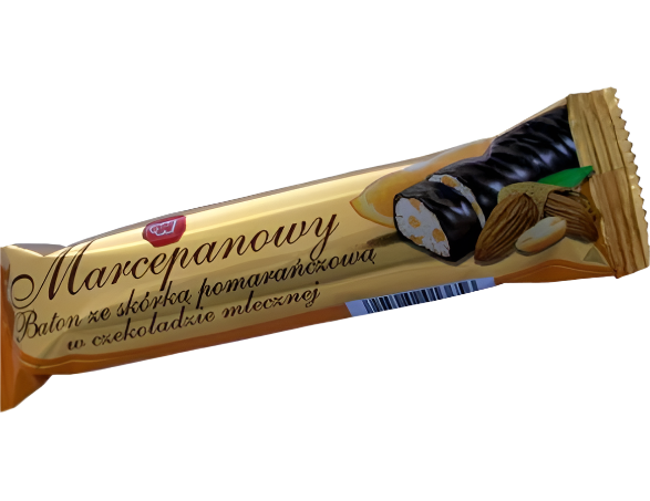 MARCEPANOWY BATON W CZEKOLADZIE ZE SKORKA POMARANCZOWA, MARZIPAN BAR IN CHOCOLATE COVER WITH ORANGE, 90G