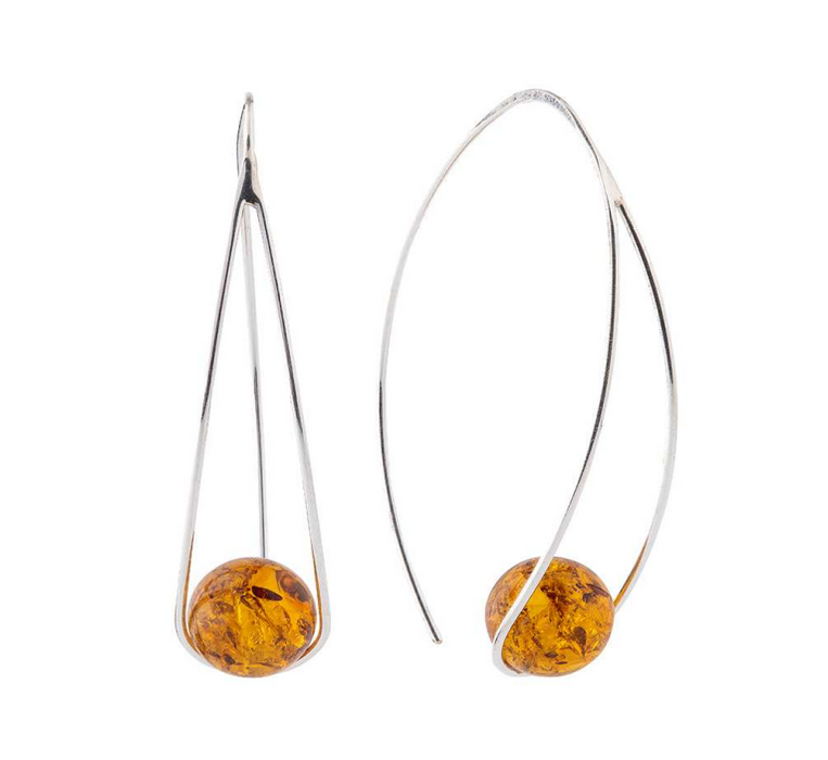 Modern 925 silver hanging earrings with cognac ball Baltic amber