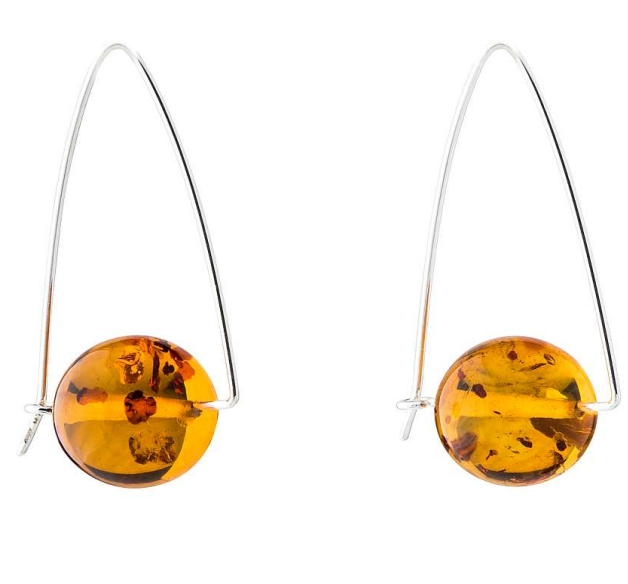 Modern 925 silver hanging earrings with a cognac Baltic amberball