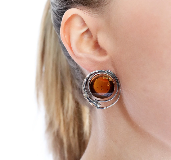 Original stud earrings with cognac Baltic amber made of oxidized 925 silver