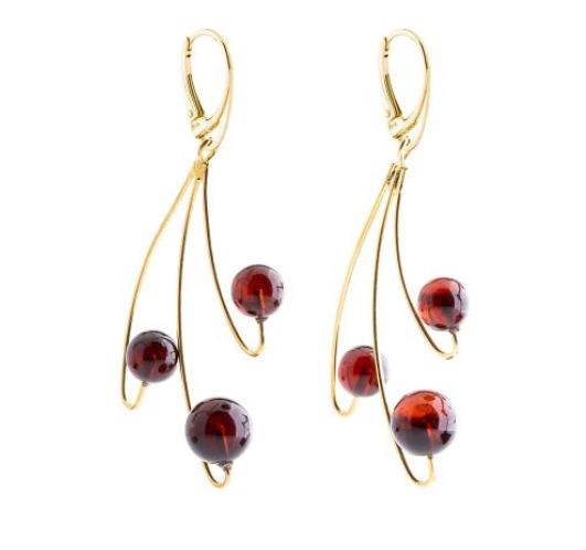 Original gold and silver hanging earrings with cherry Baltic amber balls