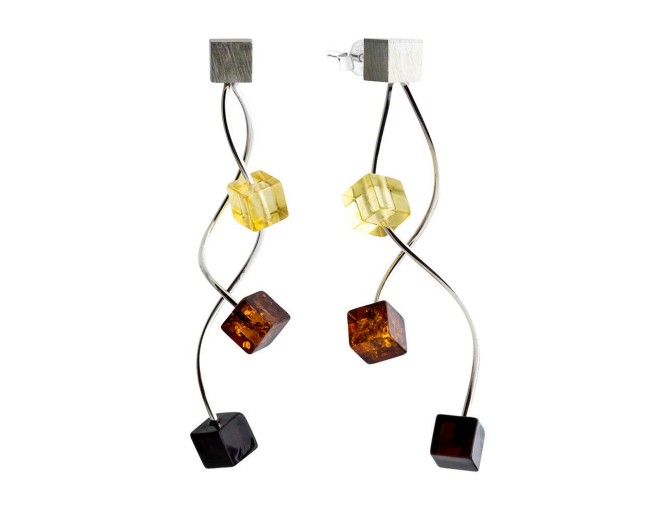 Original hanging silver earrings with multicolor Baltic amber