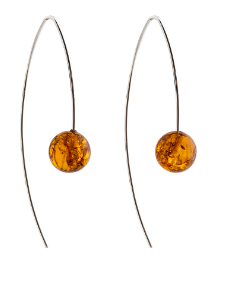 Elegant hanging silver earrings with cognac Baltic amber, ball 10mm