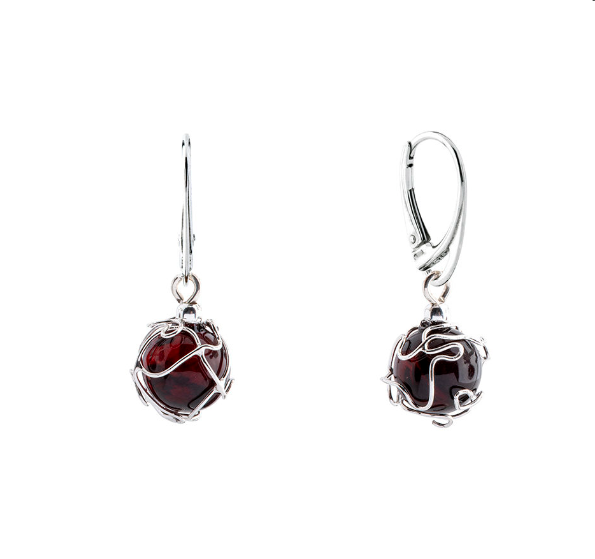 Exotic silver hanging earrings with cherry Baltic amber, 10 mm ball