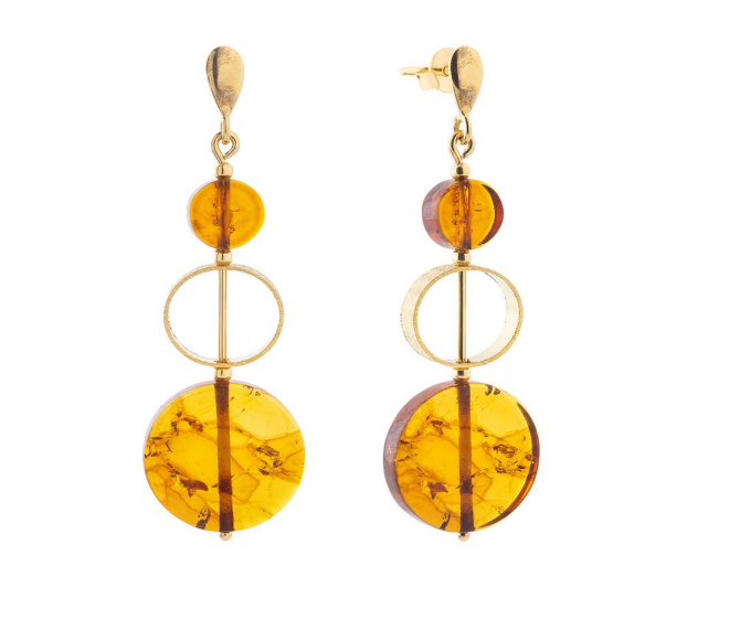 Spectacular earrings with cognac amber in gold plating