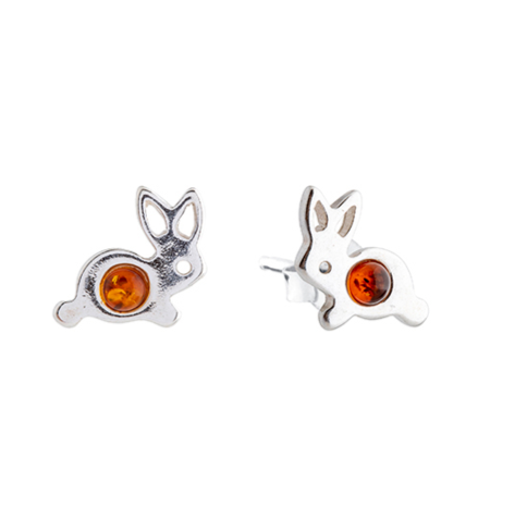 Beautiful bunny stud earrings with 925 silver and Baltic amber