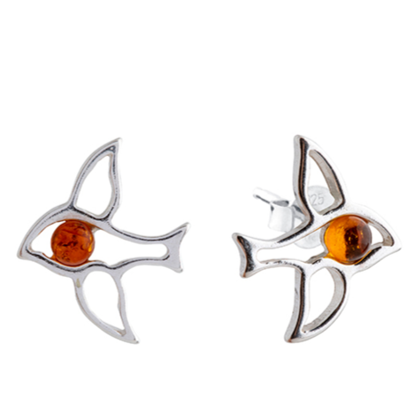 Silver stud earrings with a small Baltic amber cabochon "Swallows"