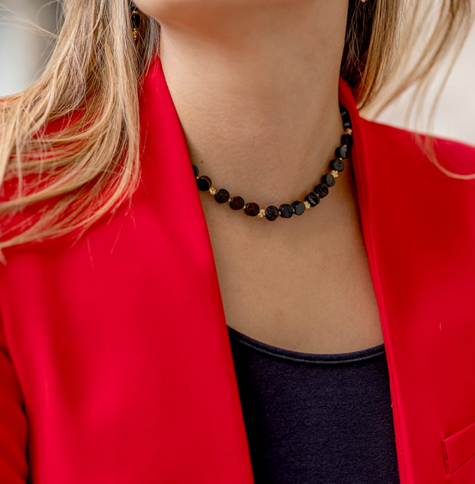 Necklace with black amber lozenges with gold-plated 925 silver