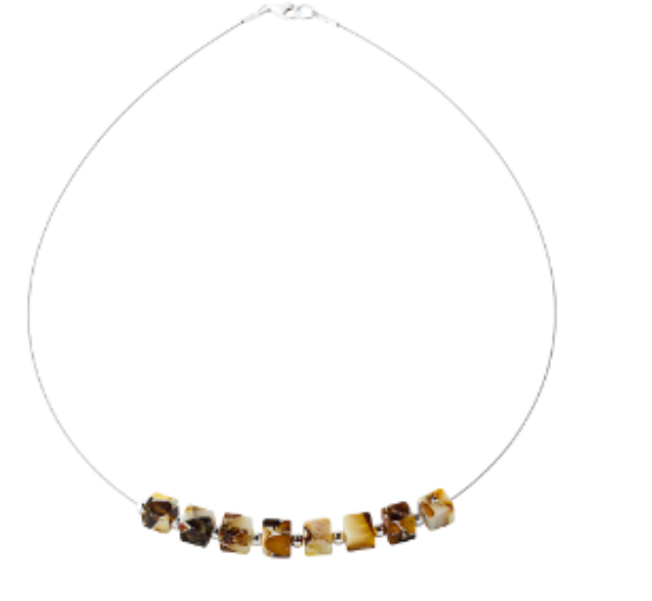 A necklace with pressed amber cubes