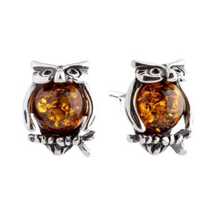 Owl Baltic amber 925 silver stud earrings