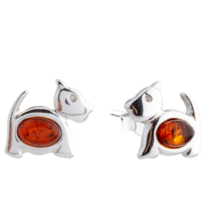 Silver dog stud earrings with Baltic amber eyes