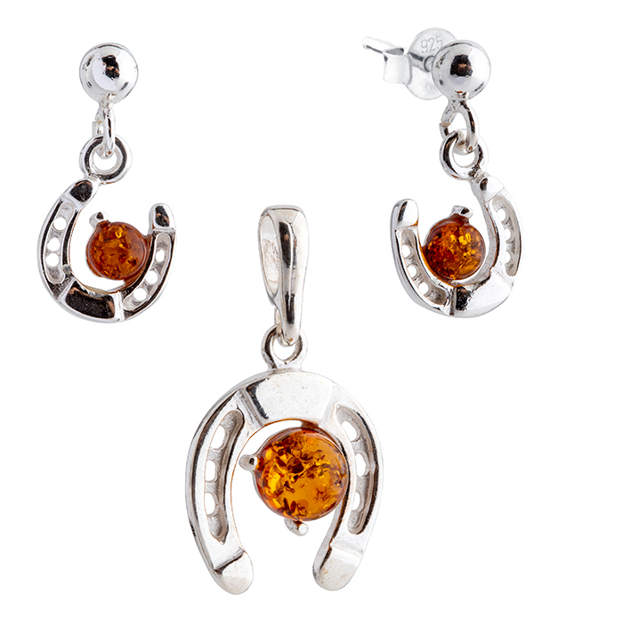 Set of silver hanging earrings and a horseshoe pendant with Baltic amber