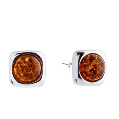 Round Baltic amber and square 925 silver stud earrings